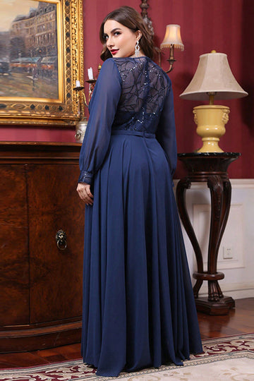Navy Chiffon A line Long Sleeves Mother of the Bride Dress with Sequins